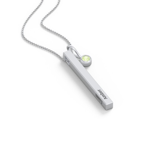 Engravable Vertical 3D Bar Necklace with 1-Stone Charm – Sterling Silver with Peridot