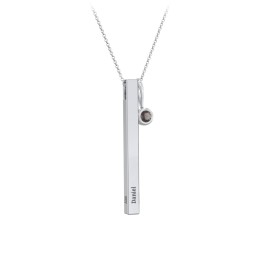 Engravable Vertical 3D Bar Necklace with 1-Stone Charm in 925 Sterling Silver with Smokey Quartz