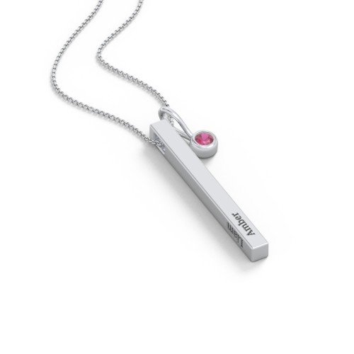 Engravable Vertical 3D Bar Necklace with 1-Stone Charm – Sterling Silver with Ruby