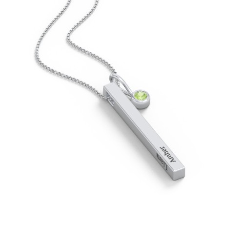 Engravable Vertical 3D Bar Necklace with 1-Stone Charm – Sterling Silver with Peridot