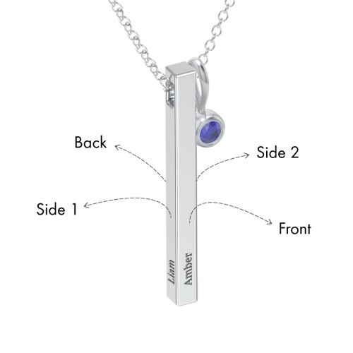 Engravable Vertical 3D Bar Necklace with 1-Stone Charm – Sterling Silver with Blue Sapphire