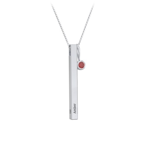 Engravable Vertical 3D Bar Necklace with 1-Stone Charm – Sterling Silver with Garnet