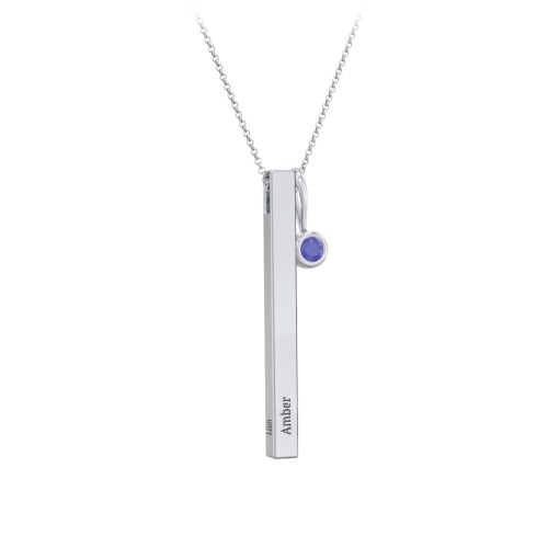 Engravable Vertical 3D Bar Necklace with 1-Stone Charm – Sterling Silver with Blue Sapphire