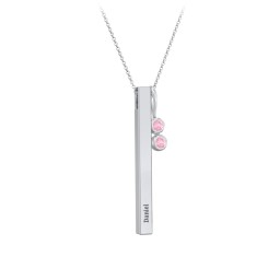 Engravable Vertical 3D Bar Necklace with 2-Stone Charm in 925 Sterling Silver with Pink Tourmaline