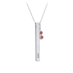 Engravable Vertical 3D Bar Necklace with 2-Stone Charm in 925 Sterling Silver with Garnet