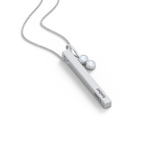 Engravable Vertical 3D Bar Necklace with 2-Stone Charm – Sterling Silver with Aquamarine