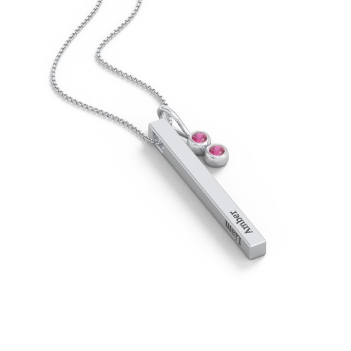 Engravable Vertical 3D Bar Necklace with 2-Stone Charm – Sterling Silver with Ruby