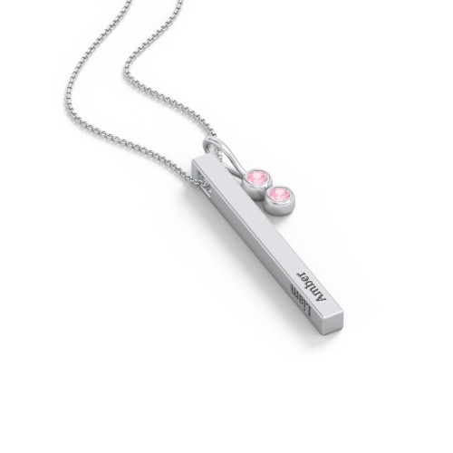 Engravable Vertical 3D Bar Necklace with 2-Stone Charm – Sterling Silver with Pink Tourmaline