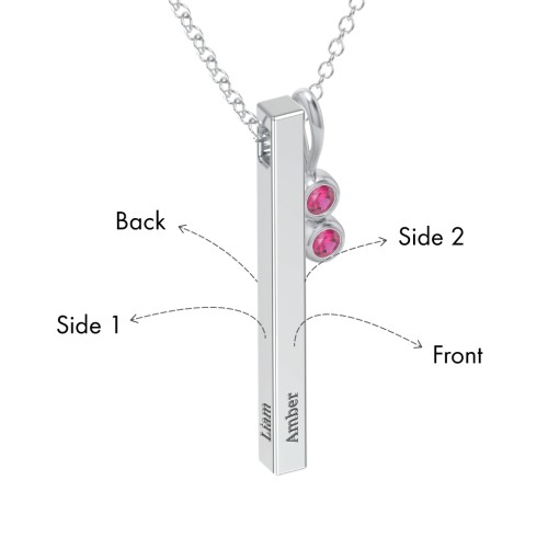 Engravable Vertical 3D Bar Necklace with 2-Stone Charm – Sterling Silver with Ruby
