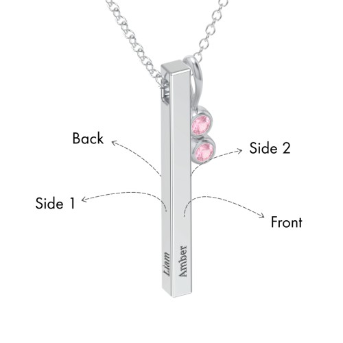 Engravable Vertical 3D Bar Necklace with 2-Stone Charm – Sterling Silver with Pink Tourmaline