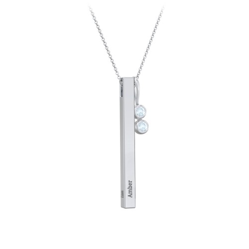 Engravable Vertical 3D Bar Necklace with 2-Stone Charm – Sterling Silver with Aquamarine