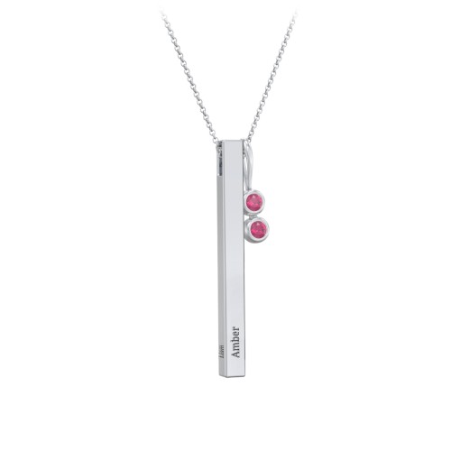 Engravable Vertical 3D Bar Necklace with 2-Stone Charm – Sterling Silver with Ruby