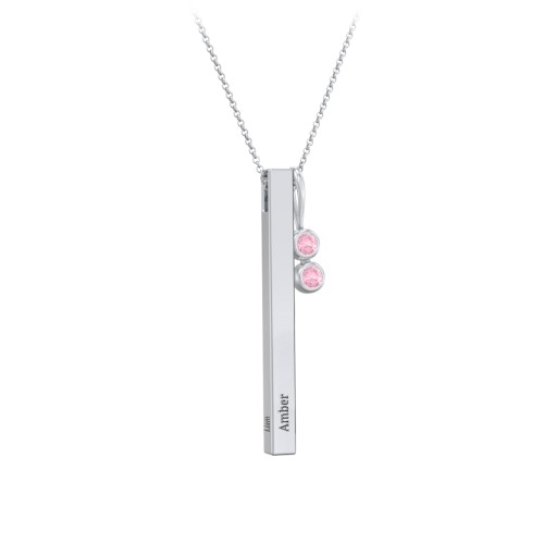 Engravable Vertical 3D Bar Necklace with 2-Stone Charm – Sterling Silver with Pink Tourmaline