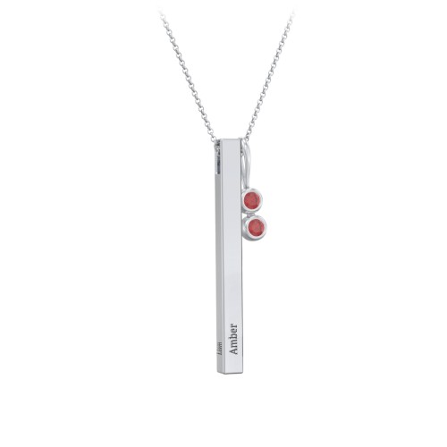 Engravable Vertical 3D Bar Necklace with 2-Stone Charm – Sterling Silver with Garnet