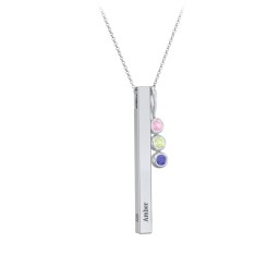 Engravable Vertical 3D Bar Necklace with 3-Stone Charm in 925 Sterling Silver with Pink Tourmaline, Peridot, and Blue Sapphire