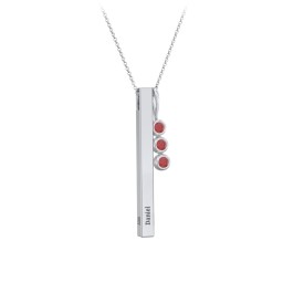 Engravable Vertical 3D Bar Necklace with 3-Stone Charm in 925 Sterling Silver with Garnet
