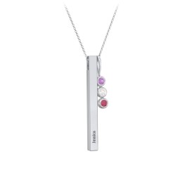 Engravable Vertical 3D Bar Necklace with 3-Stone Charm in 925 Sterling Silver with Amethyst, Cubic Zirconia, and Ruby