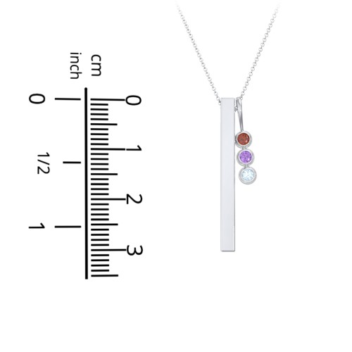 Engravable Vertical 3D Bar Necklace with 3-Stone Charm – Sterling Silver with Lavender Premium Zirconia, Blue Topaz, and Blue Sapphire