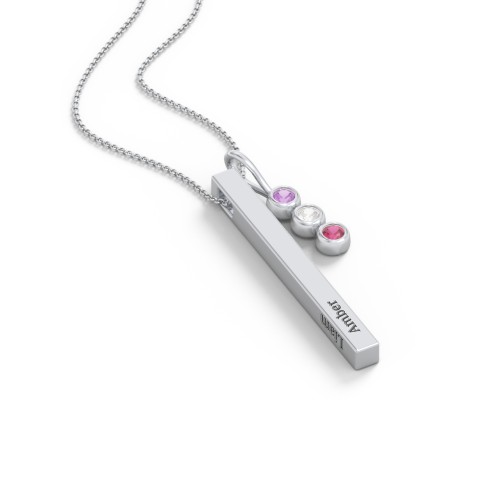 Engravable Vertical 3D Bar Necklace with 3-Stone Charm – Sterling Silver with Amethyst, Cubic Zirconia, and Ruby