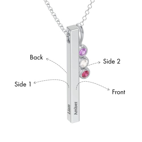 Engravable Vertical 3D Bar Necklace with 3-Stone Charm – Sterling Silver with Amethyst, Cubic Zirconia, and Ruby