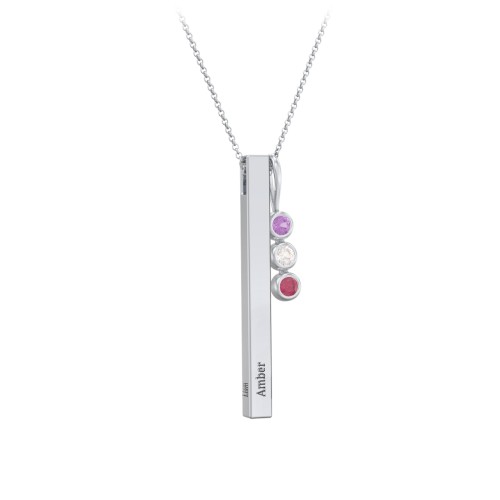 Engravable Vertical 3D Bar Necklace with 3-Stone Charm – Sterling Silver with Amethyst, Cubic Zirconia, and Ruby