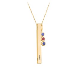 Engravable Vertical 3D Bar Necklace with 3-Stone Charm in 10K Solid Yellow Gold with Blue Sapphire and Garnet