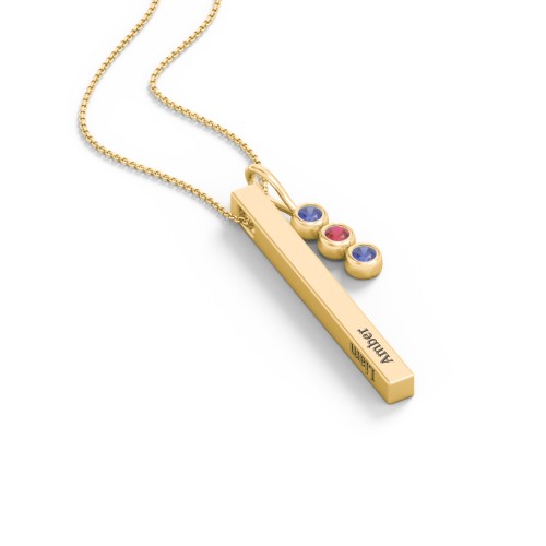 Engravable Vertical 3D Bar Necklace with 3-Stone Charm – 10K Yellow Gold with Blue Sapphire and Garnet