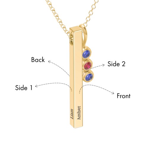 Engravable Vertical 3D Bar Necklace with 3-Stone Charm – 10K Yellow Gold with Blue Sapphire and Garnet