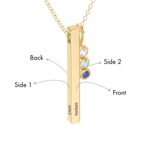Engravable Vertical 3D Bar Necklace with 3-Stone Charm – 10K Yellow Gold with Lavender Premium Zirconia, Blue Topaz, and Blue Sapphire