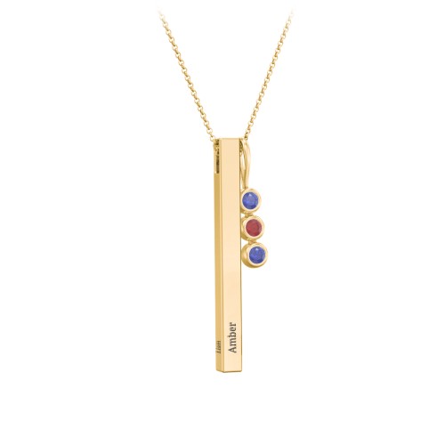 Engravable Vertical 3D Bar Necklace with 3-Stone Charm – 10K Yellow Gold with Blue Sapphire and Garnet