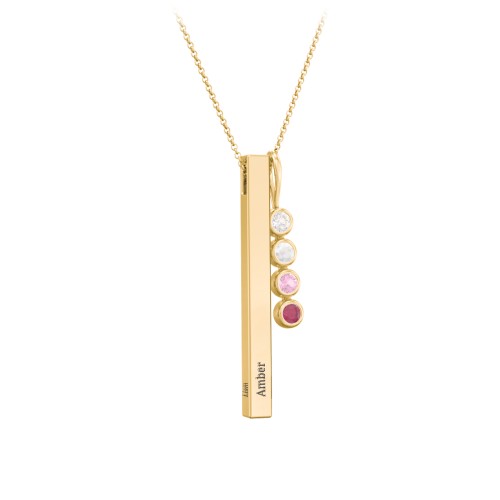 Engravable Vertical 3D Bar Necklace with 4-Stone Charm – 10K Yellow Gold with Cubic Zirconia, Opal, Pink Tourmaline, and Ruby