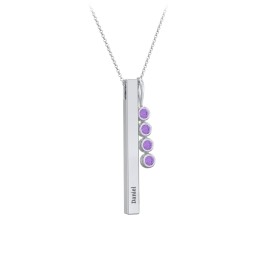 Engravable Vertical 3D Bar Necklace with 4-Stone Charm in 925 Sterling Silver with Amethyst