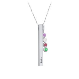 Engravable Vertical 3D Bar Necklace with 4-Stone Charm in 925 Sterling Silver with Amethyst, Cubic Zirconia, Ruby, and Emerald