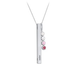 Engravable Vertical 3D Bar Necklace with 4-Stone Charm in 925 Sterling Silver with Cubic Zirconia, Opal, Pink Tourmaline, and Ruby