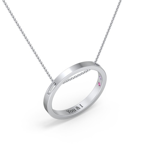Engravable Floating Circle Necklace with Hidden Gemstones – Sterling Silver with Amethyst Premium Zirconia and Red Premium Zirconia