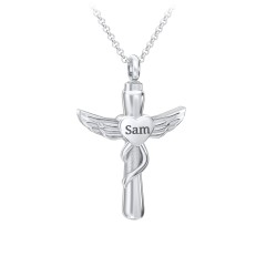 Engravable Winged Cross Urn Necklace in Stainless Steel