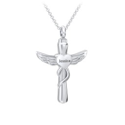 Engravable Winged Cross Urn Necklace in Stainless Steel in Stainless Steel