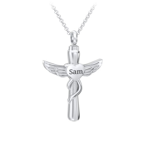 Engravable Winged Cross Urn Necklace in Stainless Steel – Stainless Steel