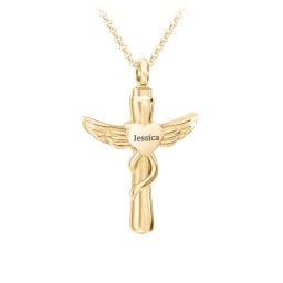 Engravable Winged Cross Urn Necklace in Yellow Ion-Plated Steel