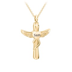 Engravable Winged Cross Urn Necklace in Yellow Ion-Plated Steel – Stainless Steel