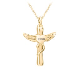 Engravable Winged Cross Urn Necklace in Yellow Ion-Plated Steel in Stainless Steel