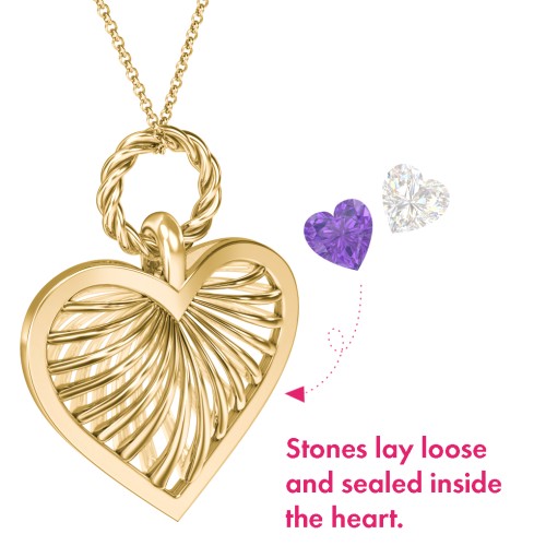 Radiant Caged Heart Necklace with 1-6 Birthstones – 18K Gold Plated Silver with Amethyst and Cubic Zirconia