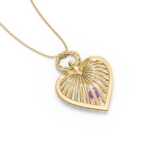 Radiant Caged Heart Necklace with 1-6 Birthstones – 18K Gold Plated Silver with Amethyst and Cubic Zirconia