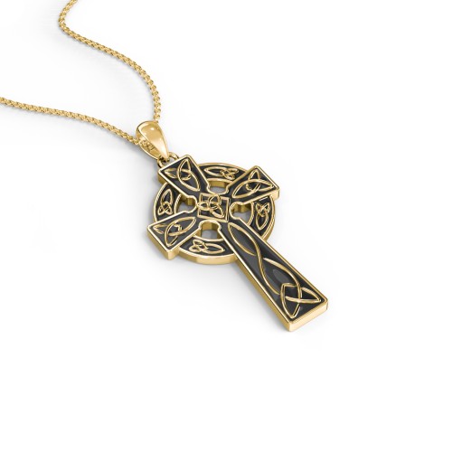 Engravable Celtic Cross Necklace with Black Enamel – 18K Gold Plated Silver