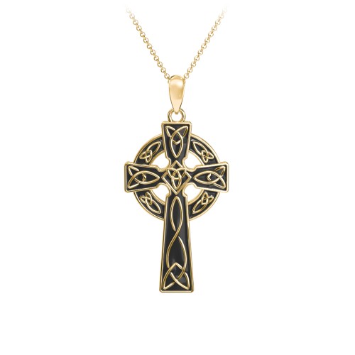 Engravable Celtic Cross Necklace with Black Enamel – 18K Gold Plated Silver
