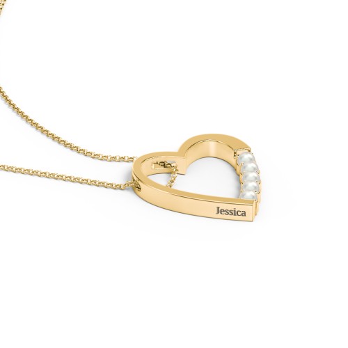 Engravable Tilted Heart Necklace with Pearls – 18K Gold Plated Silver with Freshwater Pearl