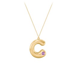 Custom Bubble Initial Necklace with Birthstone in 18K Gold Plated Silver with Amethyst
