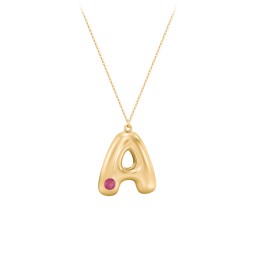 Custom Bubble Initial Necklace with Birthstone in 18K Gold Plated Silver with Ruby