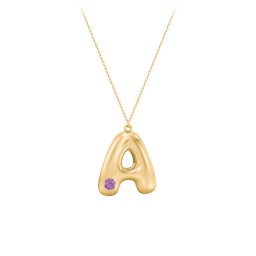 Custom Bubble Initial Necklace with Birthstone in 18K Gold Plated Silver with Amethyst