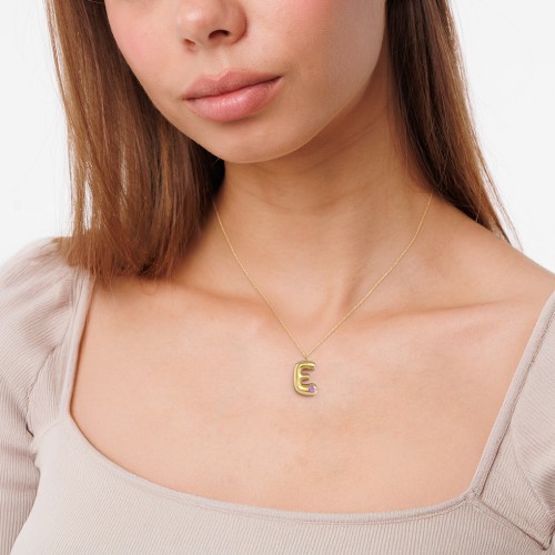 Custom Bubble Initial Necklace with Birthstone – 18K Gold Plated Silver with Ruby